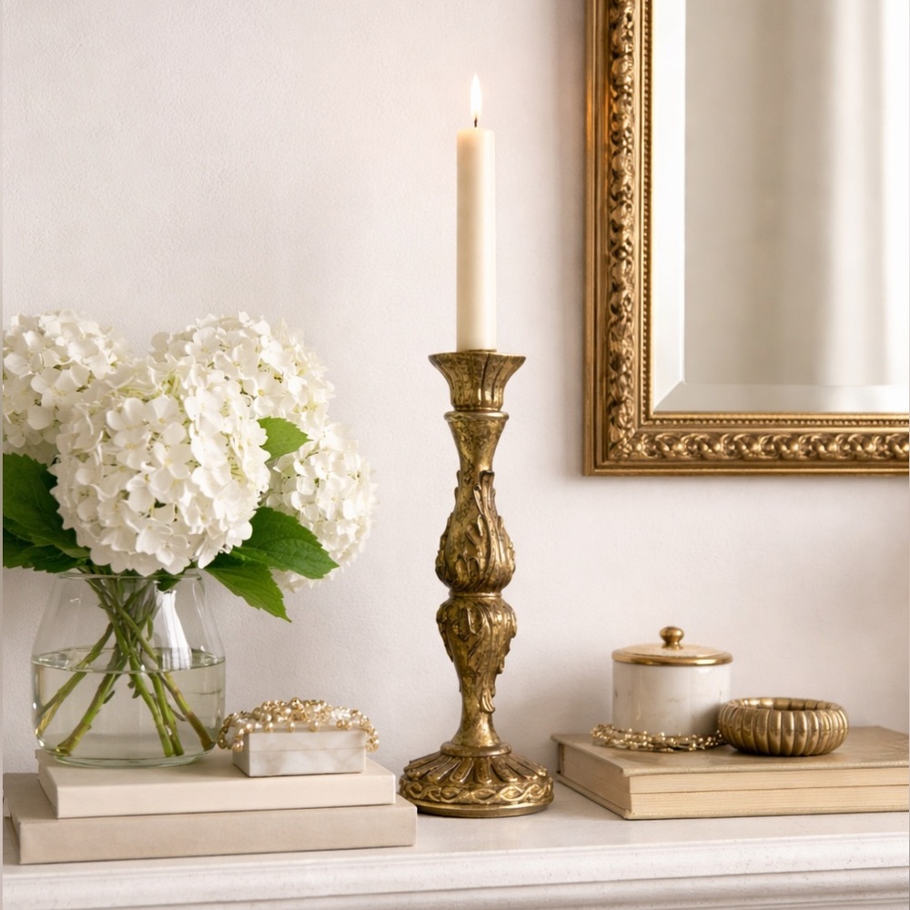 Vintage Style Candlestick Holder Ornate Scroll Accents Black Felt Base